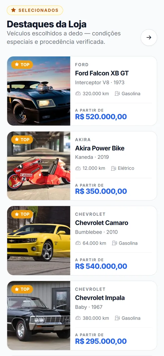 Loja de exemplo aberta no celular, com carros famosos à venda